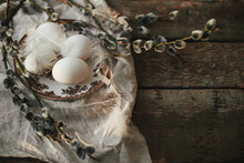 Natural Egg In Nest With Feathers, Vintage Plate,  Pussy Willow Branches And Napkin On Aged Wood. Rustic Easter Still Life. Easter Table Decoration. Moody Image