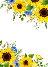 Greeting Or Invitation Card Design With Blue And Yellow Sunflowers, Dandelion Flowers, Cornflowers, Ears Of Wheat, And Green Leaves. Vector Illustration