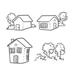 hand drawn doodle house and tree collection illustration isolated