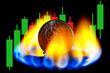 Obverse of ruble coin with coat of arms of Russia on gas burner of kitchen stove against background of futures exchange chart. The concept of Russia selling natural gas for rubles.