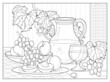 Summer still life with grapes and peaches. Coloring book for children and adults. Image in zentangle style. Printable page for drawing and meditation. Black and white vector illustration.
