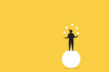 Man Juggles The Balls While He Is Balacing On A Big Ball. Multitasking Concept, Busy With Business, Training Juggling, Fun Free Time. Yellow Background