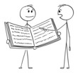 Person Holding Open Book, Another is Reading, Vector Cartoon Stick Figure Illustration