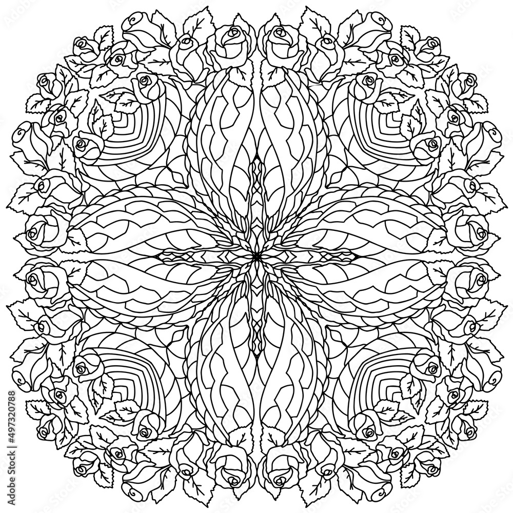 Hand drawn mandala art with flowers and leaves black and white outline ...