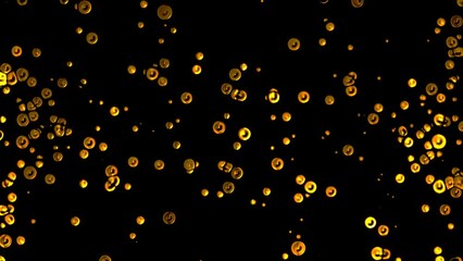 Poster - Animated dot intro without background. Moving towards the oil drops. Liquid metal. Plexus of golden circles, spheres. Collision of particles. The force of attraction. Alpha channel. QuickTime. 4k