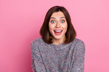 Wall Mural - Portrait of attractive cheerful amazed funky girl sudden news gift reaction isolated over pink pastel color background