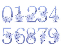 A Set Of Numbers Decorated With Flower Bouquets. Numbers With Flowers In Purple Tones. Festive Design, Icons, Decor Elements For Cards And Invitations