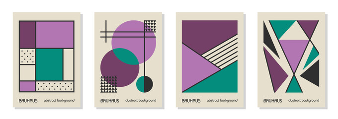 Set of 4 minimal vintage 20s geometric design posters, wall art, template, layout with primitive shapes elements. Bauhaus retro pattern background, vector abstract circle, triangle and square line art