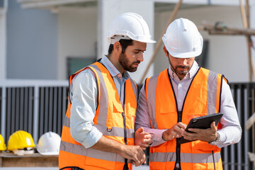 Team engineer and architects are meeting to plan for new project measuring layout of building blueprints in construction site,Construction residential new house in progress at building site.