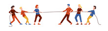 Male And Female Characters: Tug Of War Competition, Battle For Leadership, Business Contest, Rivalry, Challenge Concept. Vector Corporate Rivalry And Conflict In Cartoon Style.