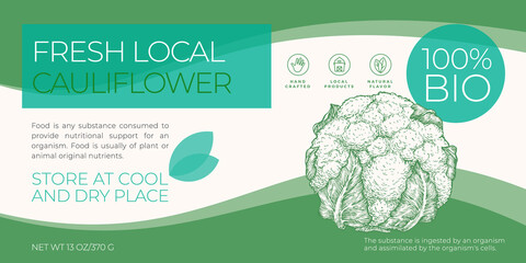 Wall Mural - Fresh Local Vegetables Label Template. Abstract Vector Packaging Horizontal Design Layout. Modern Typography Banner with Hand Drawn Cauliflower Sketch Silhouette Background Isolated