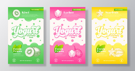 Wall Mural - fruits and berries yogurt label templates set. abstract vector dairy packaging design layouts collec