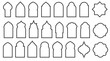Arabic arch windows and doors. Set of silhouettes of islamic badges. Traditional architecture elements isolated on white background. Vector EPS 10