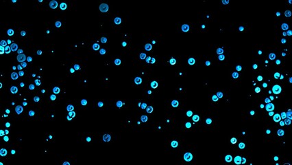 Poster - Animated dot intro without background. Moving towards the oil drops. Liquid metal. Plexus of water circles, spheres. Collision of particles, attraction. Alpha channel. Technology, science. 4k