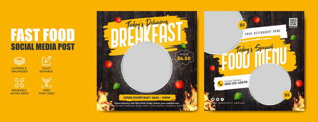 Wall Mural - fast food restaurant business marketing social media banner post template with abstract background, 