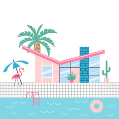 Wall Mural - Mid century modern house with palm trees and plastic flamingo