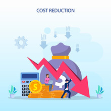 Cost Reduction Illustration Concept With Tiny People. Sales Decline, Crisis Financial.