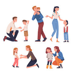 Sticker - Mother and Father Talking to Their Child Supporting and Soothing Him Vector Set