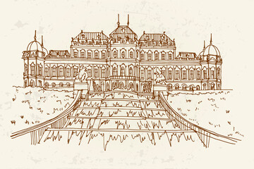 Fototapete - vector sketch of  Belvedere Palace in Vienna, Austria. Artistic retro style.