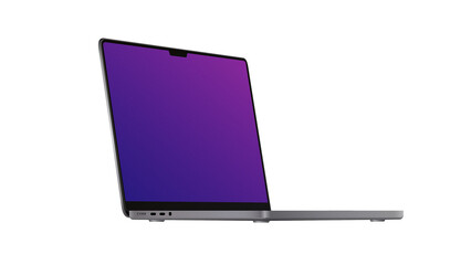Laptop 2021 Mockup. Right side Diagonal view on the Model. Portable Gadget with Violet Screen on White Background. Vector illustration