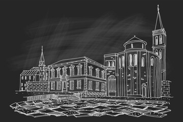 Sticker - vector sketch of St.Donatus church on the Roma Forum in Zadar. Croatia.