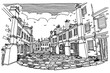 Vector sketch of architecture of Burano island, Venice, Italy. Artistic retro style.