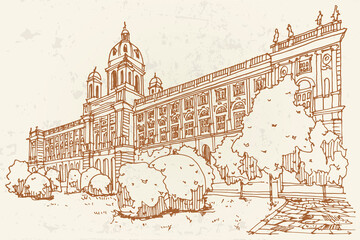 Wall Mural - vector sketch of natural history museum with park and sculptures in vienna, austria