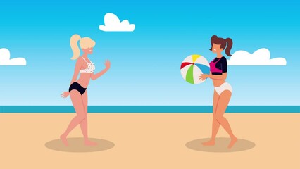 Poster - female vacationers playing with balloon on the beach