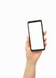 © Tatyana - female hand holding a phone on a white background, vertical