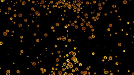 Poster - Animated dot intro. Moving towards the oil drops. Liquid metal. Plexus of golden circles, spheres. Collision of particles. The force of attraction. Alpha channel. QuickTime. 4k