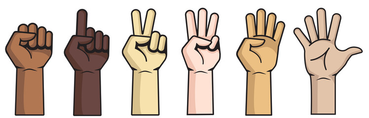 Isolated hands counting from zero to five. Set of palm cartoon with different finger positions. Different gestures made with hand. hands of different ethnicities, different skin tones. hand numbers