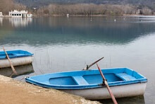 Old Blue Rowboat At The Lake Shore In Banyoles, Catalonia
