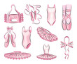 Ballet accessories with pink ballet dress, tutu skirt and pair of pointe-shoes, bow and long satin ribbons. Set of hand drawn ballerina accessories. Vector objects in sketch style