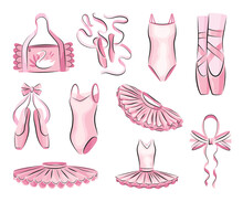 Ballet Accessories With Pink Ballet Dress, Tutu Skirt And Pair Of Pointe-shoes, Bow And Long Satin Ribbons. Set Of Hand Drawn Ballerina Accessories. Vector Objects In Sketch Style