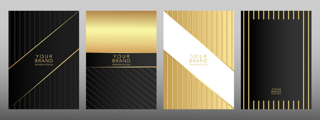 Wall Mural - Contemporary gold and black cover design set. Dark color dynamic line pattern. Geometric stripe vector background for cover notebook, vertical business page, folder, menu template 
