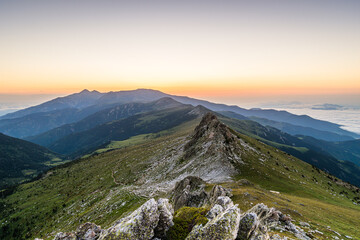 Sunrise on the high mountain ridge (France Pyrenees, Peak of Canigou)