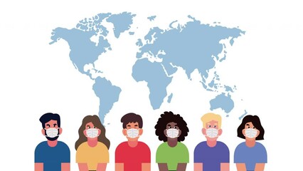 Sticker - six persons wearing face masks and earth maps