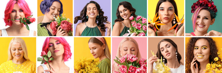 Sticker - Collage with different women and beautiful flowers. Hello spring