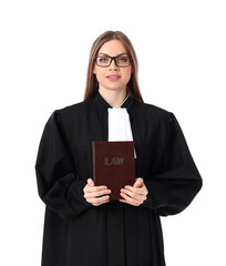 Poster - Young female judge with book on white background