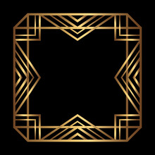 Vector Square Gold Frame On The Black Background. Isolated Art Deco Symmetric Border With Empty Space.