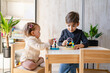 © Miljan Živković - Brother and sister playing at home siblings children baby girl and five years old boy play with toys in bright room in day front view copy space family life concept growing up