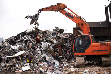 Processing industrial trash. Cropped shot of a crane at work in a dumpsite.