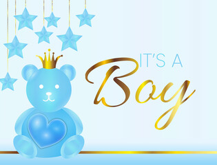 Wall Mural - It's a Boy Vector Illustration with Blue Bear, Crown and Stars and Gold Elements