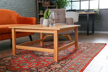 Table with jug of water and houseplant on vintage carpet in living room