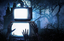 3d Render Halloween Illustration Of Old Fashioned Lightened Tv Sets Standing On Horror Cemetery Or Graveyard Background With Monster Zombie Black Hands.