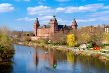 Aschaffenburg, The River Main With Shore Promenade And Castle In Springtime. Schloss Johannisburg