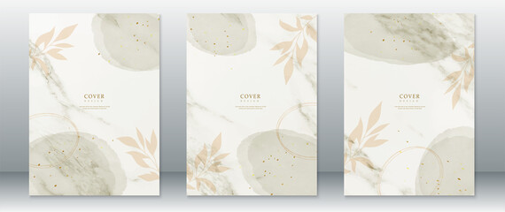 Wall Mural - Set of cover page design watercolor background with leaf and gold texture