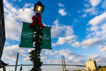 Christmas Decorations At The Historic Waterfront With The Tallmadge Bridge, Savannah, Georgia, USA