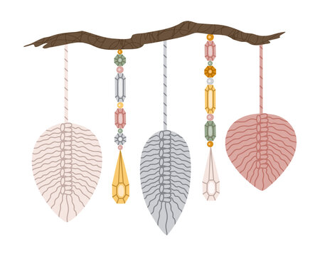 A composition with braided leaf. Set hand drawn vector isolated elements of macrame and crystals. Interior decor. Color image on a white background. The print is used for packaging design.