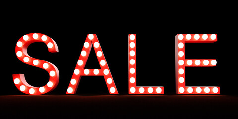 Sale red color light bulb lamp decoration ornament black friday night dark special offer 50% fifty percent advertisement promotion showtime fashion marketing celebrate festival business.3d render